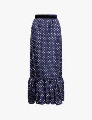 Valentino Womens Navy Betulla Polka Dot Ruffle Silk Midi Skirt In Blue