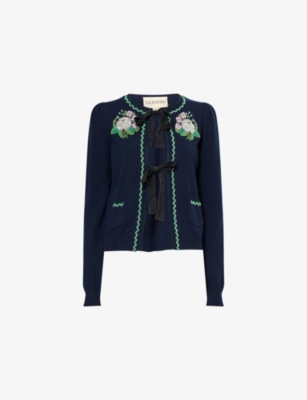 VALENTINO GARAVANI: Bead-Embroidery Tie Wool Knitted Cardigan