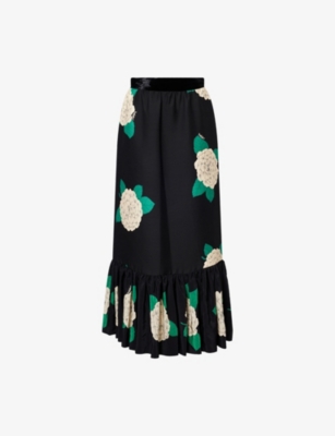 Valentino Womens Nero Avorio Verde Floral-print Silk-crepe Maxi Skirt