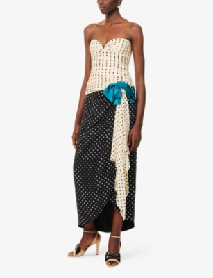 VALENTINO GARAVANI: Polka-Dot Strapless Asymmetric-Hem Silk Midi Dress