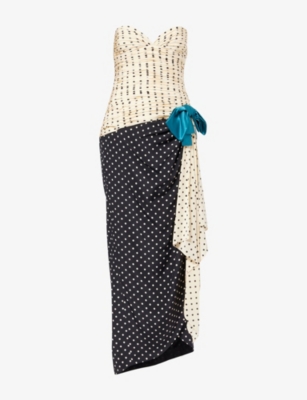 VALENTINO GARAVANI: Polka-Dot Strapless Asymmetric-Hem Silk Midi Dress
