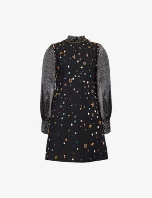 Valentino Womens Nero Multicolor Embellished Long-sleeves Wool And Silk Mini Dress In Black