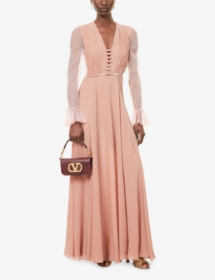 Valentino Womens Pastel Rose Shirred-bodice Sheer-sleeve Silk Gown In Brown