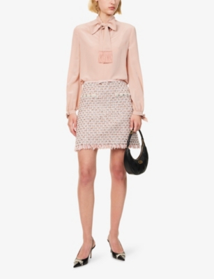 Valentino Womens Rose Mist Fringed Long-sleeves Silk Blouse