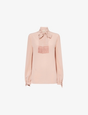 Valentino Womens Rose Mist Fringed Long-sleeves Silk Blouse