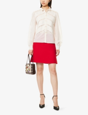 Valentino Womens Panelled-pleat Long-sleeve Lace-trim Cotton Shirt Betulla