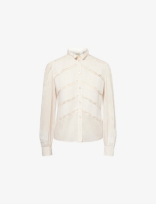 Valentino Womens Panelled-pleat Long-sleeve Lace-trim Cotton Shirt Betulla