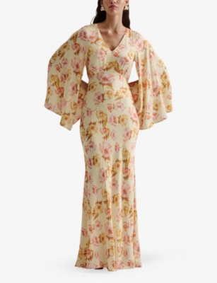 MALINA: Simone Tie-Back Floral-Print Satin Maxi Dress