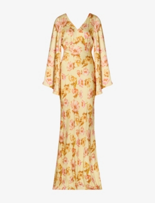 MALINA: Simone Tie-Back Floral-Print Satin Maxi Dress