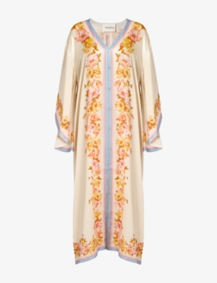 MALINA: Naya Graphic-Print Satin Kaftan