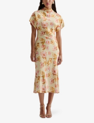 Malina Womens Lemon Peony Alivia Short-sleeve Satin Midi Dress In Lemon Peony