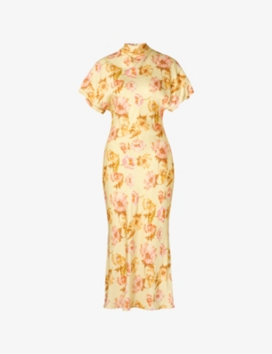 Malina Womens Lemon Peony Alivia Short-sleeve Satin Midi Dress In Lemon Peony