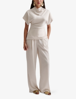 MALINA WOMENS VANILLA OTILIA DRAPED SHORT-SLEEVE SATIN BLOUSE