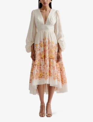 MALINA: Sasia V-Neck Cotton and Linen-Blend Midi Dress