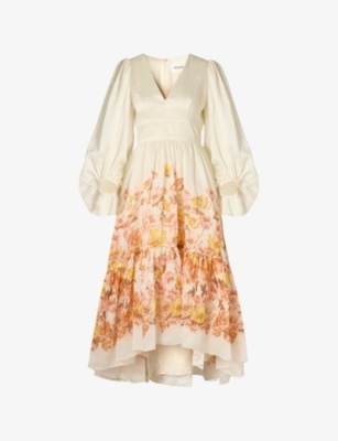 MALINA: Sasia V-Neck Cotton and Linen-Blend Midi Dress