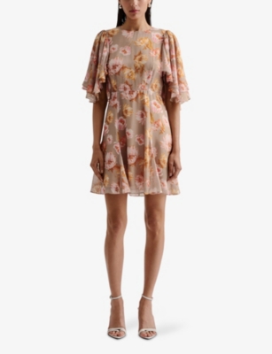 Malina Womens Champagne Peony Ida Frill-sleeve Silk-blend Mini Dress In Champagne Peony