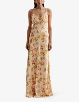 Malina Womens Lemon Peony Cornelia Floral-print Satin Slip Maxi Dress In Lemon Peony