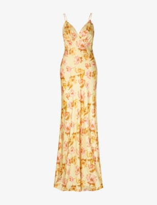 Malina Womens Lemon Peony Cornelia Floral-print Satin Slip Maxi Dress In Lemon Peony