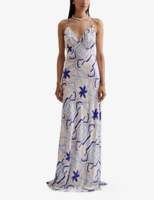 MALINA: Cornelia Mosaic-Print Satin Slip Maxi Dress