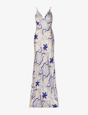 MALINA: Cornelia Mosaic-Print Satin Slip Maxi Dress