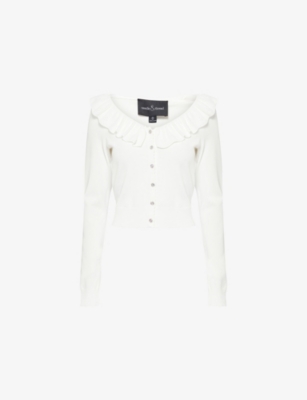 NEEDLE & THREAD WOMENS CREAM COLLARED POINTELLE KNIT CARDIGAN 