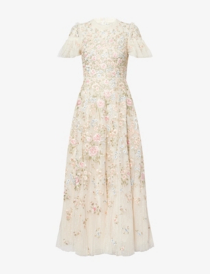NEEDLE & THREAD WOMENS CREAM ANTOINETTES FLORAL-EMBROIDERY WOVEN GOWN 