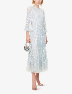 NEEDLE & THREAD WOMENS FRENCH BLUE SNOWDROP EMBELLISHED TULLE MAXI DRESS 