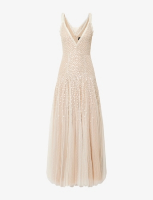 NEEDLE & THREAD WOMENS CREAM/ BUTTERSCOTCH SEQUIN CASCADE PLUNGE-NECKLINE WOVEN GOWN 
