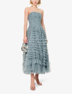 NEEDLE & THREAD WOMENS THISTLE BLUE HATTIE RUFFLED WOVEN GOWN 