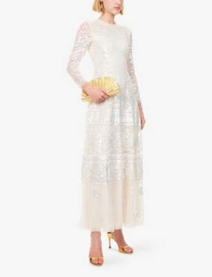 NEEDLE & THREAD WOMENS CREAM AURORA SEQUIN-EMBELLISHED WOVEN GOWN 