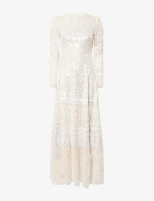 NEEDLE & THREAD WOMENS CREAM AURORA SEQUIN-EMBELLISHED WOVEN GOWN 