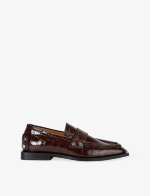Ganni Womens Dark Brown Stud-embellished Crocodile-embossed Faux-leather Loafers Eur 38/5 Uk