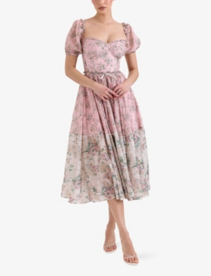 House Of Cb Womens Pink Floral Penelope Floral-print Tie-waist Woven Midi Dress In Pink