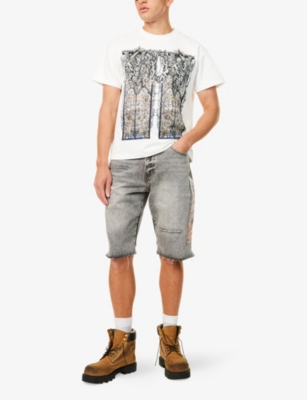 WHO DECIDES WAR BY EV BRAVADO: Flame Glass Embroidered Denim Shorts
