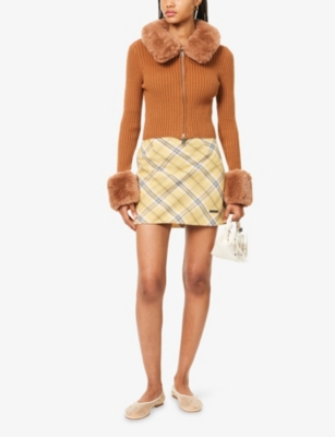 House Of Sunny Womens Toffee Peggy Faux-fur-embellishment Knitted Cardigan