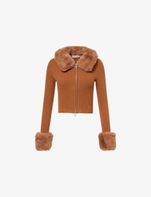 House Of Sunny Womens Toffee Peggy Faux-fur-embellishment Knitted Cardigan