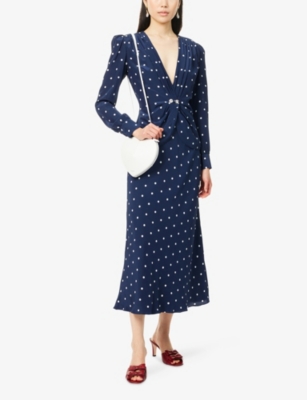 Alessandra Rich Womens Navy Blue-white Polka-dot Plunge-v-neck Silk Midi Dress
