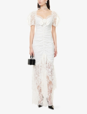 Alessandra Rich Womens White Asymmetric Embellished Lace Gown In White