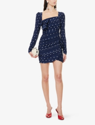 Alessandra Rich Womens Navy Blue-white Polka-dot Draped Woven Mini Dress In Blue