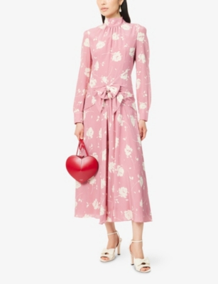 Alessandra Rich Bow-embellished Gathered Floral-print Silk-georgette Midi Dress In Pink