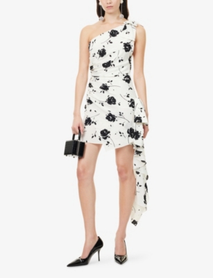 Alessandra Rich Womens White-black One-shoulder Draped Silk Mini Dress In Multi
