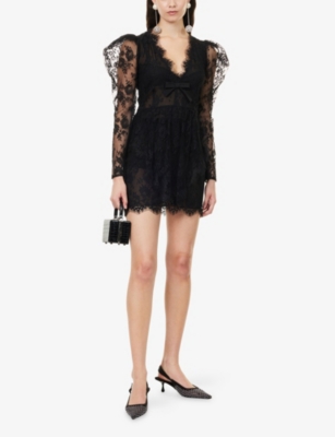 Alessandra Rich Womens Black V-neck Puffed-shoulders Lace Mini Dress In Black