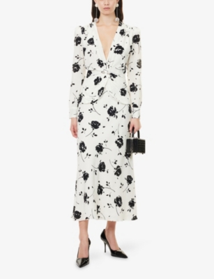 Alessandra Rich Embellished Pleated Floral-print Silk Crepe De Chine Midi Dress In White