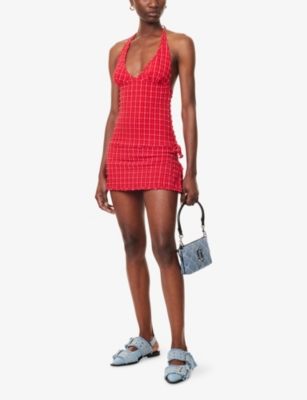 Peachy Den Womens Lipstick Cindy Halter-neck Woven Mini Halter Dress In Red