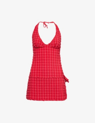 Peachy Den Womens Lipstick Cindy Halter-neck Woven Mini Halter Dress In Red