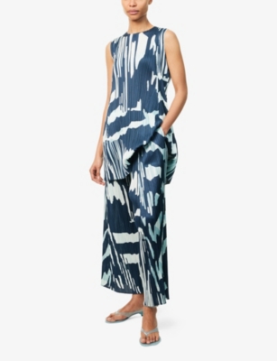 ISSEY MIYAKE WOMENS REFRACTION ABSTRACT-PRINT PLEATED KNITTED TROUSERS GRAYISH NAVY 