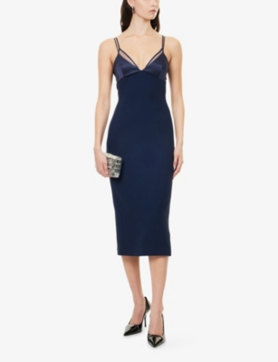 David Koma Womens Navy Shoulder-straps Split Stretch-woven Midi Dress In Blue