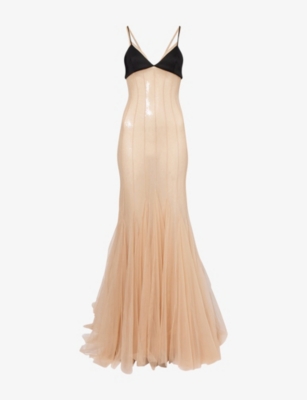 David Koma Womens Beige Black Sequin Asymmetric Woven Gown In Multi