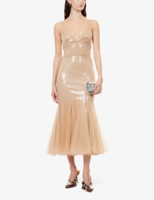 DAVID KOMA: Sequin Ruffled Woven Midi Dress