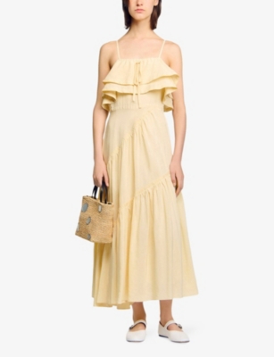 Sandro Womens  Ruffled Sleeveless Linen-blend Maxi Dress